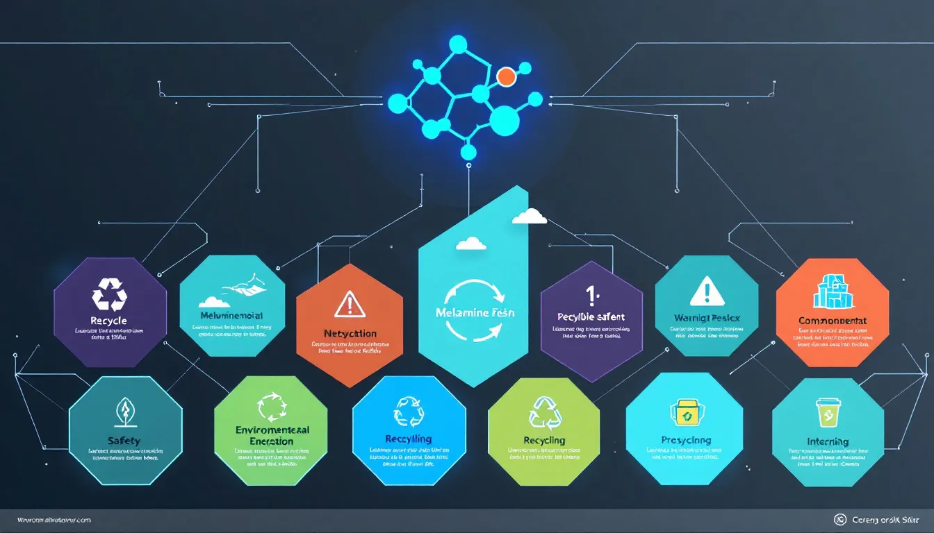 An infographic summarizing environmental and safety considerations regarding melamine resin.